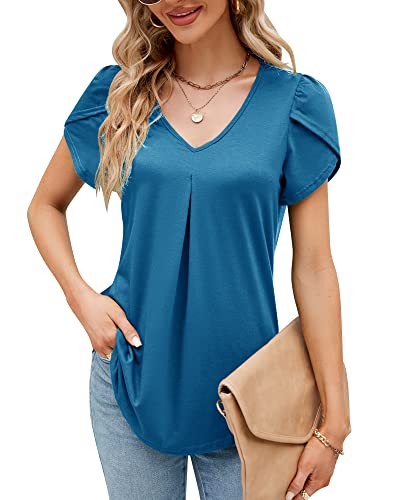 Damen Sommer Blütenblatt Kurzarm T-Shirt V-Ausschnitt Elegant Bluse Geraffte Bedruckte Tunika Oberteile Top 2023, A Grau Blau, L von Bequemer Laden