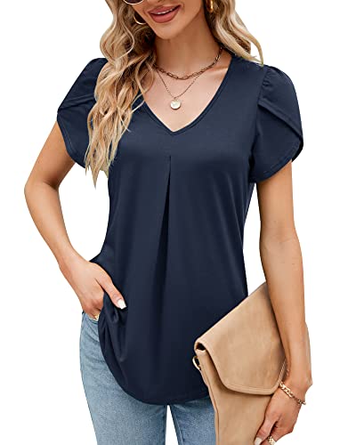 Damen Sommer Blütenblatt Kurzarm T-Shirt V-Ausschnitt Elegant Bluse Geraffte Bedruckte Tunika Oberteile Top 2023, A Navy Blau, M von Bequemer Laden