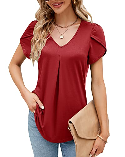 Damen Sommer Blütenblatt Kurzarm T-Shirt V-Ausschnitt Elegant Bluse Geraffte Bedruckte Tunika Oberteile Top 2023, A Rot, S von Bequemer Laden