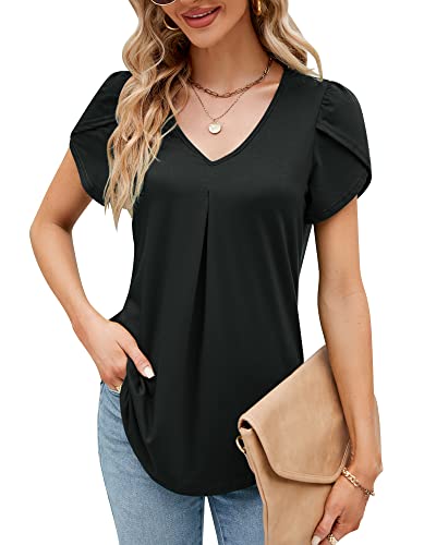 Damen Sommer Blütenblatt Kurzarm T-Shirt V-Ausschnitt Elegant Bluse Geraffte Bedruckte Tunika Oberteile Top 2023, A Schwarz, S von Bequemer Laden