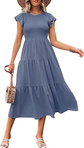 Damen Sommer Rundhals Flatterärmel Lang Kleid Gesmoktes Hohe Taille Maxikleid Gestuftes Rüschen A-Linie Sommerkleid Strandkleid 2023, Blau, M von Bequemer Laden