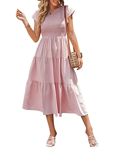 Damen Sommer Rundhals Flatterärmel Lang Kleid Gesmoktes Hohe Taille Maxikleid Gestuftes Rüschen A-Linie Sommerkleid Strandkleid 2023, Rosa, S von Bequemer Laden