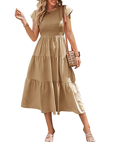 Damen Sommer Rundhals Flatterärmel Lang Kleid Gesmoktes Hohe Taille Maxikleid Gestuftes Rüschen A-Linie Sommerkleid Strandkleid 2023, hellkhaki, L von Bequemer Laden