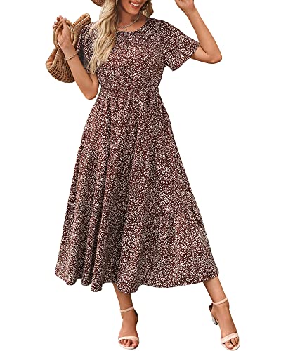 Damen Sommer Rundhals Rüschen Kurzarm Boho Lang Kleid A Linie Hohe Taille Blumen Maxikleid Gestuftes Sommerkleid Kleider Strandkleid 2023, Braun, M von Bequemer Laden