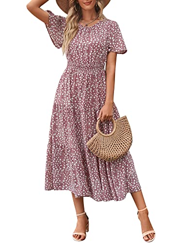 Damen Sommer Rundhals Rüschen Kurzarm Boho Lang Kleid A Linie Hohe Taille Blumen Maxikleid Gestuftes Sommerkleid Kleider Strandkleid 2023, Rosa, S von Bequemer Laden