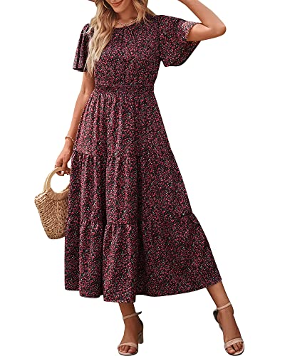 Damen Sommer Casual Rundhals Rüschen Kurzarm Boho Kleid A-Linien Elastische Taillen Blumen Maxikleid Gestuftes Schwingen Sommerkleid Lang Kleider Strandkleid, Rosarot, L von Bequemer Laden