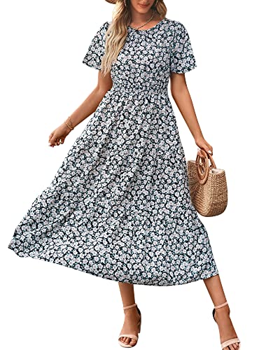 Damen Sommer Rundhals Rüschen Kurzarm Boho Lang Kleid A Linie Hohe Taille Blumen Maxikleid Gestuftes Sommerkleid Kleider Strandkleid 2023, Schwarz Weiss, M von Bequemer Laden