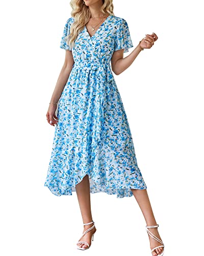 Damen Sommer Lang Kleid V-Ausschnitt Kurzarm Blumen Maxikleid A-Linie Rüschen Sommerkleid Schlitz Gürtel Boho Strandkleid Wickelkleid 2023, B Blau, M von Bequemer Laden