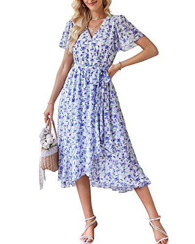 Damen Sommer Lang Kleid V-Ausschnitt Kurzarm Blumen Maxikleid A-Linie Rüschen Sommerkleid Schlitz Gürtel Boho Strandkleid Wickelkleid 2023, B Lila, L von Bequemer Laden