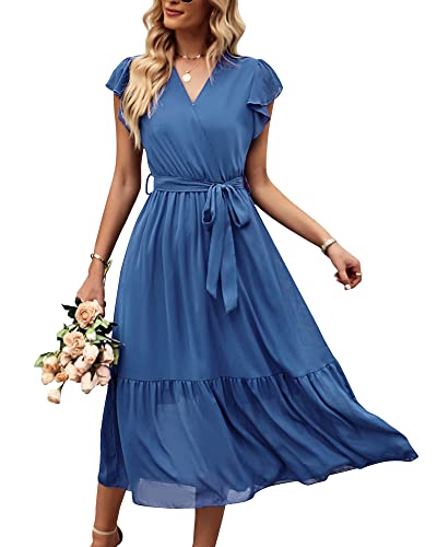 Damen Sommer Lang Kleid V-Ausschnitt Kurzarm Blumen Maxikleid A-Linie Rüschen Sommerkleid Schlitz Gürtel Boho Strandkleid Wickelkleid 2023, D Dunkelblau, XL von Bequemer Laden