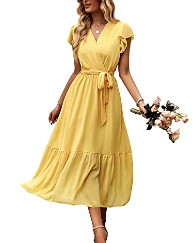 Damen Sommer Lang Kleid V-Ausschnitt Kurzarm Blumen Maxikleid A-Linie Rüschen Sommerkleid Schlitz Gürtel Boho Strandkleid Wickelkleid 2023, D Gelb, S von Bequemer Laden