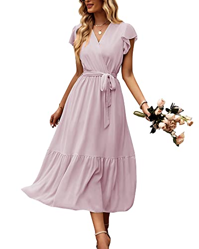 Damen Sommer Lang Kleid V-Ausschnitt Kurzarm Blumen Maxikleid A-Linie Rüschen Sommerkleid Schlitz Gürtel Boho Strandkleid Wickelkleid 2023, D Rosa, S von Bequemer Laden