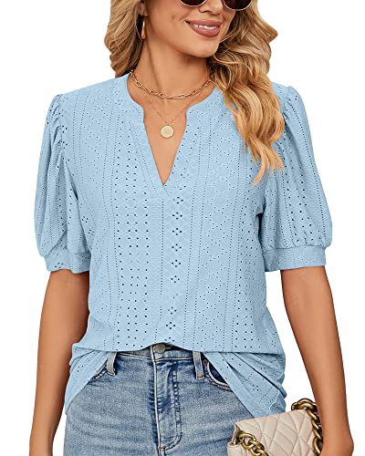 Damen Sommer Puff Kurzarm V-Ausschnitt T-Shirt mit Öse Locker Spitzen Tshirts Tunika Bluse Top 2023, B Blau, L von Bequemer Laden