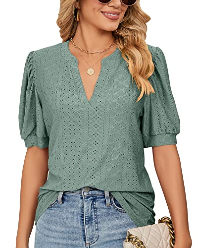 Damen Sommer Puff Kurzarm V-Ausschnitt T-Shirt mit Öse Locker Spitzen Tshirts Tunika Bluse Top 2023, B Grün, S von Bequemer Laden