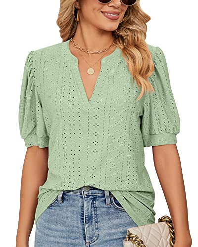 Damen Sommer Puff Kurzarm V-Ausschnitt T-Shirt mit Öse Locker Spitzen Tshirts Tunika Bluse Top 2023, B Hellgrün, L von Bequemer Laden