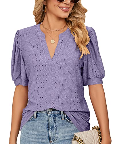 Damen Sommer Puff Kurzarm V-Ausschnitt T-Shirt mit Öse Locker Spitzen Tshirts Tunika Bluse Top 2023, B Lila, L von Bequemer Laden