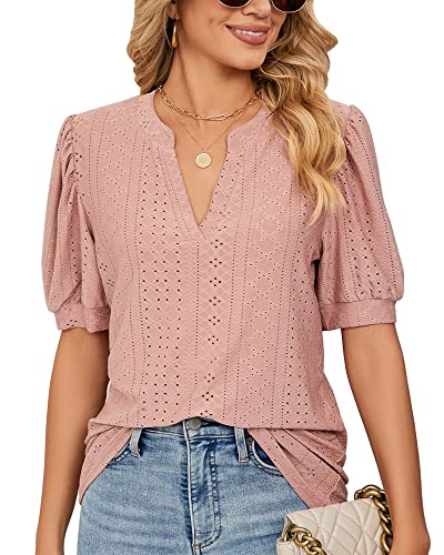 Damen Sommer Puff Kurzarm V-Ausschnitt T-Shirt mit Öse Locker Spitzen Tshirts Tunika Bluse Top 2023, B Pink, L von Bequemer Laden