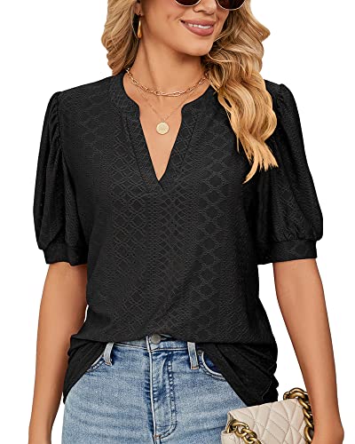 Damen Sommer Puff Kurzarm V-Ausschnitt T-Shirt mit Öse Locker Spitzen Tshirts Tunika Bluse Top 2023, B Schwarz, L von Bequemer Laden