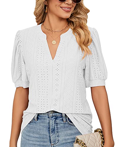 Damen Sommer Puff Kurzarm V-Ausschnitt T-Shirt mit Öse Locker Spitzen Tshirts Tunika Bluse Top 2023, B Weiß, M von Bequemer Laden