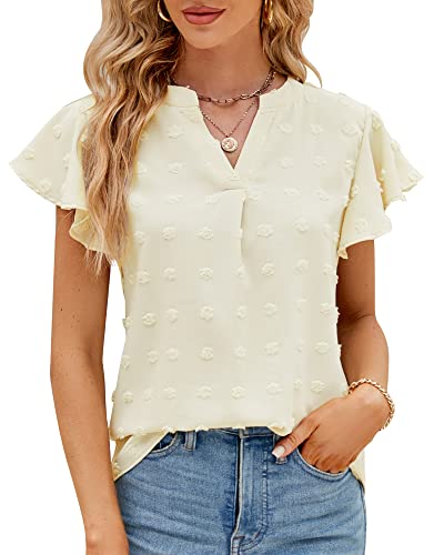 Damen Sommer Rüschen Kurzarm T-Shirt V-Ausschnitt Swiss Dot Elegant Bluse Top Tunika Oberteile 2023, Aprikose, M von Bequemer Laden