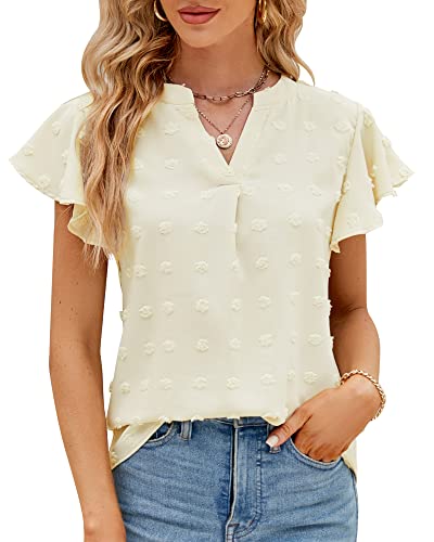 Bequemer Laden Damen Sommer Rüschen Kurzarm T-Shirt V-Ausschnitt Swiss Dot Elegant Bluse Top Tunika Oberteile 2023, Aprikose, XXL von Bequemer Laden