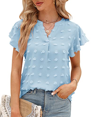 Damen Sommer Rüschen Kurzarm T-Shirt V-Ausschnitt Swiss Dot Elegant Bluse Top Tunika Oberteile 2023, Blau, XXL von Bequemer Laden