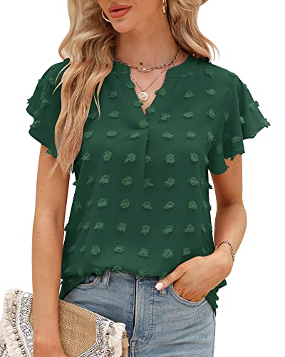 Damen Sommer Rüschen Kurzarm T-Shirt V-Ausschnitt Swiss Dot Elegant Bluse Top Tunika Oberteile 2023, Dunkelgrün, M von Bequemer Laden