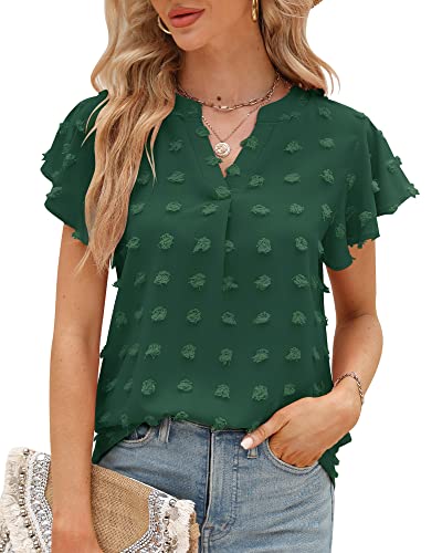 Damen Sommer Rüschen Kurzarm T-Shirt V-Ausschnitt Swiss Dot Elegant Bluse Top Tunika Oberteile 2023, Dunkelgrün, XXL von Bequemer Laden