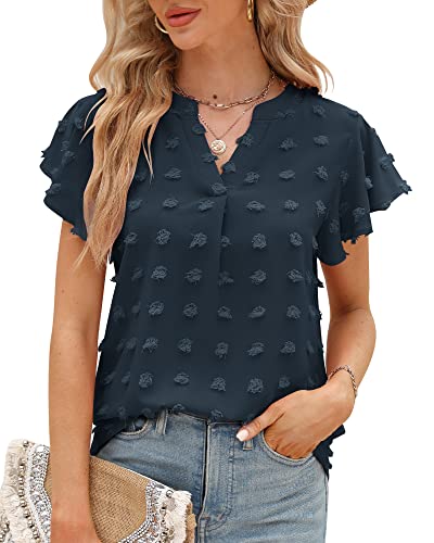 Damen Sommer Rüschen Kurzarm T-shirt V-Ausschnitt Swiss Dot Elegant Bluse Top Tunika Oberteile 2023, Kriegsmarine, M von Bequemer Laden