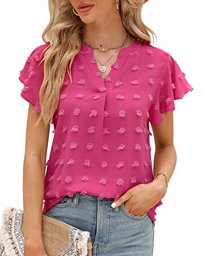 Damen Sommer Rüschen Kurzarm T-Shirt V-Ausschnitt Swiss Dot Elegant Bluse Top Tunika Oberteile 2023, Rosenrot, S von Bequemer Laden