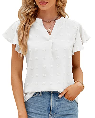 Damen Sommer Rüschen Kurzarm T-shirt V-Ausschnitt Swiss Dot Elegant Bluse Top Tunika Oberteile 2023, Weiß, S von Bequemer Laden