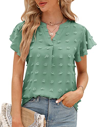 Damen Sommer Rüschen Kurzarm T-shirt V-Ausschnitt Swiss Dot Elegant Bluse Top Tunika Oberteile 2023, Lichtgrün, S von Bequemer Laden