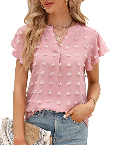 Damen Sommer Rüschen Kurzarm T-Shirt V-Ausschnitt Swiss Dot Elegant Bluse Top Tunika Oberteile 2023, Rosa, XL von Bequemer Laden