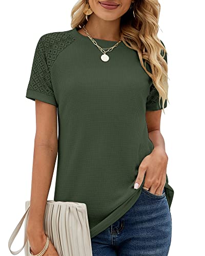 Damen Sommer Spitze Kurzarm Rundhals Tshirt Tunika Einfarbig T-Shirt Tops Locker Oberteile Bluse 2023, Armeegrün, S von Bequemer Laden