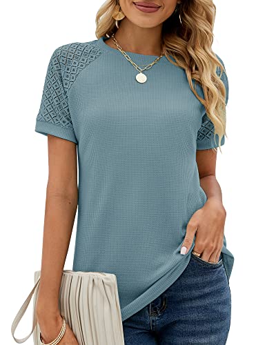 Damen Sommer Spitze Kurzarm Rundhals Tshirt Tunika Einfarbig T-Shirt Tops Locker Oberteile Bluse 2023, Grau Blau, L von Bequemer Laden