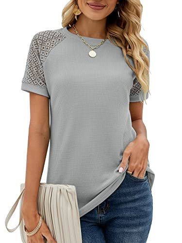 Damen Sommer Spitze Kurzarm Rundhals Tshirt Tunika Einfarbig T-Shirt Tops Locker Oberteile Bluse 2023, Hellgrau, M von Bequemer Laden