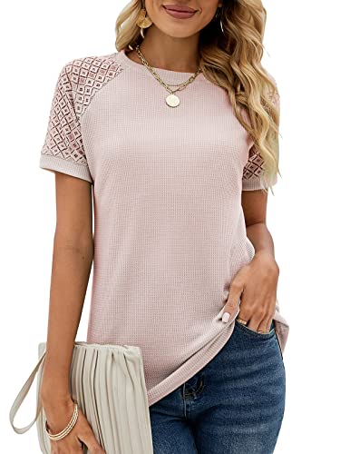 Damen Sommer Spitze Kurzarm Rundhals Tshirt Tunika Einfarbig T-Shirt Tops Locker Oberteile Bluse 2023, Hellpink, L von Bequemer Laden