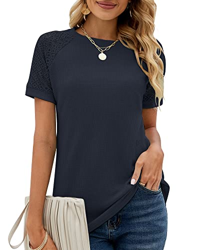 Damen Sommer Spitze Kurzarm Rundhals Tshirt Tunika Einfarbig T-Shirt Tops Locker Oberteile Bluse 2023, Marineblau, S von Bequemer Laden