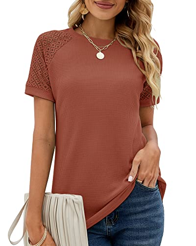 Damen Sommer Spitze Kurzarm Rundhals Tshirt Tunika Einfarbig T-Shirt Tops Locker Oberteile Bluse 2023, Orange, M von Bequemer Laden