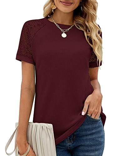 Damen Sommer Spitze Kurzarm Rundhals Tshirt Tunika Einfarbig T-Shirt Tops Locker Oberteile Bluse 2023, Rotwein, L von Bequemer Laden