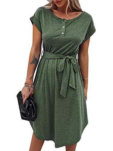 Bequemer Laden Sommer Damen Kleid Knopfleiste Kurzarm Locker Kleider Elegant Sommerkleid Strandkleid Freizeitkleid Midikleid Businesskleid mit Taille Krawatte, Grün, XL von Bequemer Laden