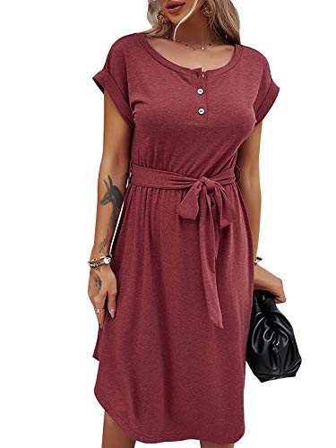 Bequemer Laden Damen Sommer Kleid Knopfleiste Kurzarm Midi Kleider Elegant Sommerkleid Businesskleid mit Taille Krawatte 2023, Rot, L von Bequemer Laden