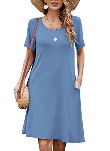 Bequemer Laden Damen Casual Sommer T Shirt Kleid Kurzarm Swing Kleider mit Taschen, S, Blau von Bequemer Laden
