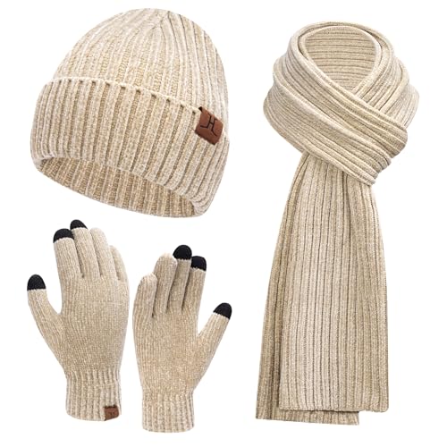 Damen Winter Warm Beanie Mütze Lang Schal und Touchscreen Handschuhe Set, Cord Mützen Strickmütze Schlauchschal Winterhandschuhe, Aprikose von Bequemer Laden