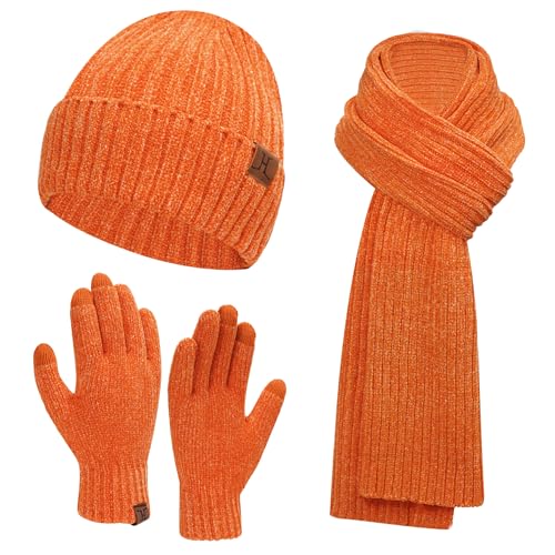 Damen Winter Warm Beanie Mütze Lang Schal und Touchscreen Handschuhe Set, Cord Mützen Strickmütze Schlauchschal Winterhandschuhe, Orange von Bequemer Laden