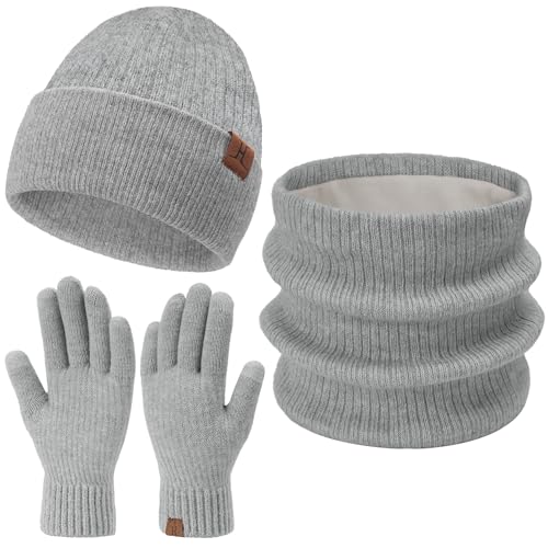 Damen Herren Winter Warm Beanie Mütze Loop Schal Schlauchschal Touchscreen Handschuhe Set mit Fleece Gefütterte Wintermütze Strickmütze Mützen Frauen Geschenk Weihnachten, (3 Stück) Hellgrau von Bequemer Laden