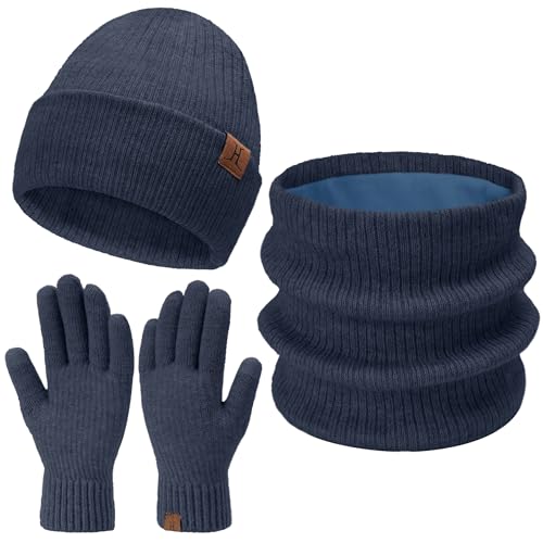 Damen Herren Winter Warm Beanie Mütze Loop Schal Schlauchschal Touchscreen Handschuhe Set mit Fleece Gefütterte Wintermütze Strickmütze Mützen Frauen Geschenk Weihnachten, (3 Stück) Marineblau von Bequemer Laden