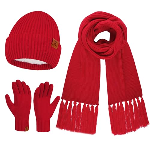 Damen Winter Warm Beanie Mütze Schal Touchscreen Handschuhe Set Thermo Wintermütze Strickmütze Lange Schals Winterhandschuhe mit Fleece Gefütterte Frauen Geschenk, Rot von Bequemer Laden