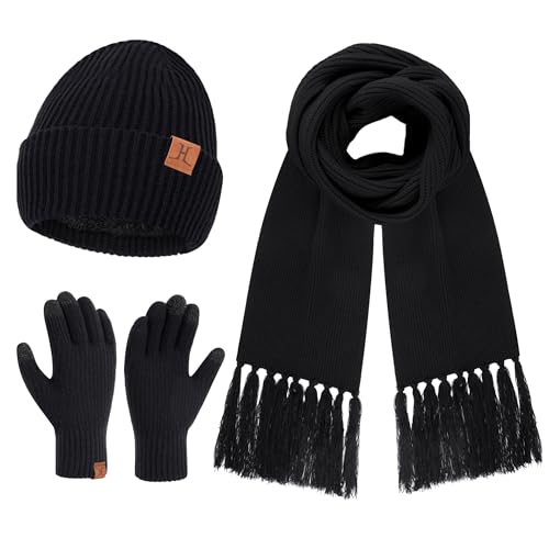 Damen Winter Warm Beanie Mütze Schal Touchscreen Handschuhe Set Thermo Wintermütze Strickmütze Lange Schals Winterhandschuhe mit Fleece Gefütterte Frauen Geschenk, Schwarz von Bequemer Laden