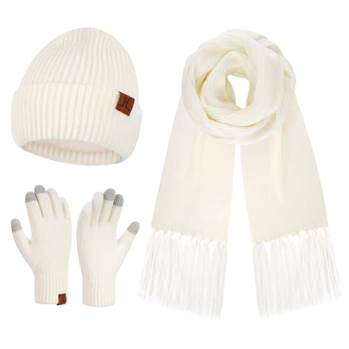 Damen Winter Warm Beanie Mütze Schal Touchscreen Handschuhe Set Thermo Wintermütze Strickmütze Lange Schals Winterhandschuhe mit Fleece Gefütterte Frauen Geschenk, Weiß von Bequemer Laden